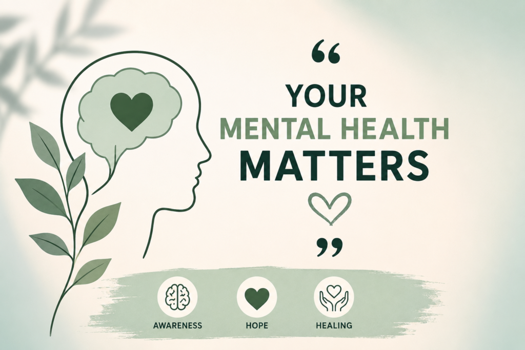 A motivational illustration representing mental health awareness quotes with uplifting words promoting hope, healing, and emotional well-being.