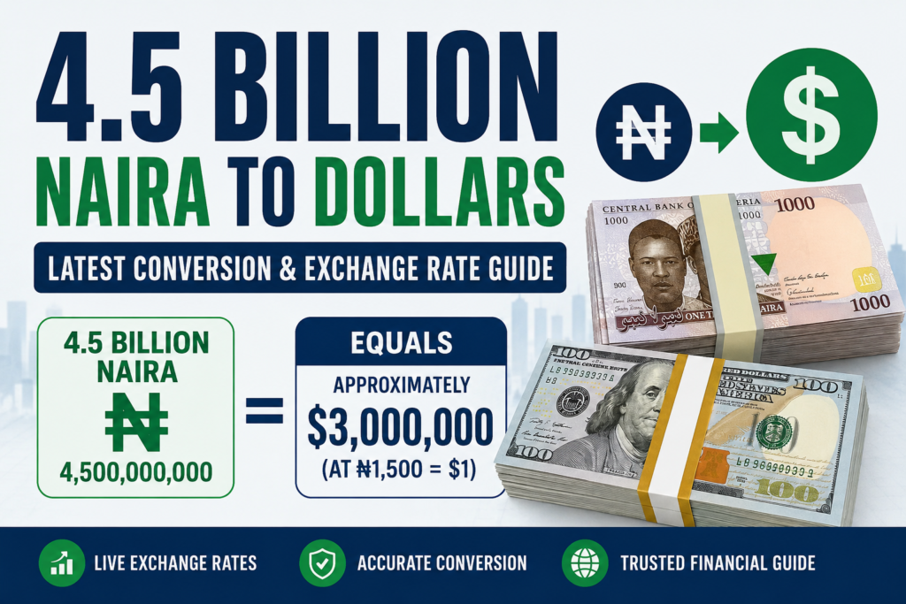4.5 billion naira to dollars conversion showing the latest Nigerian naira to US dollar exchange rate with currency comparison.