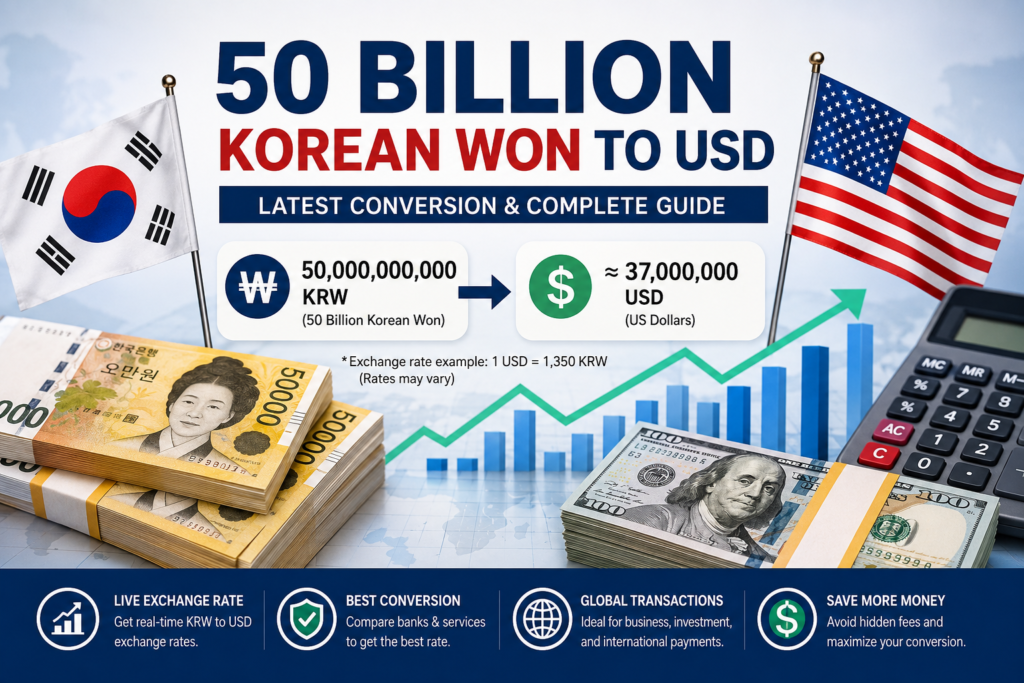 Illustration showing the conversion of 50 billion Korean won to USD with currency symbols, calculator, and exchange rate chart.