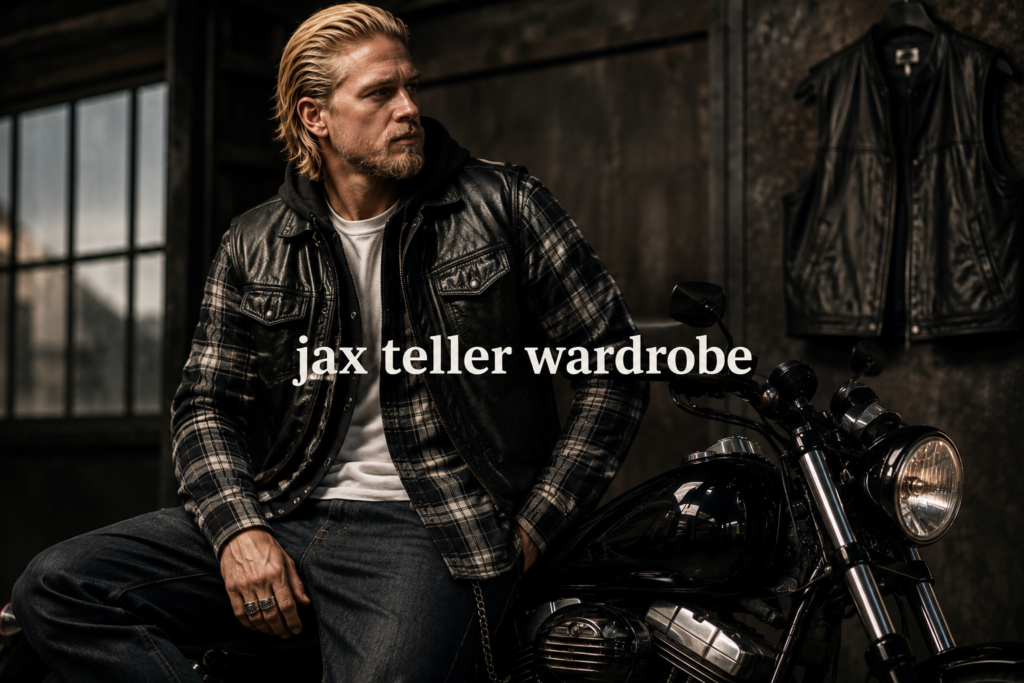 Jax Teller wardrobe featuring a rugged biker outfit with a leather vest, flannel shirt, dark jeans, boots, and motorcycle-inspired fashion.