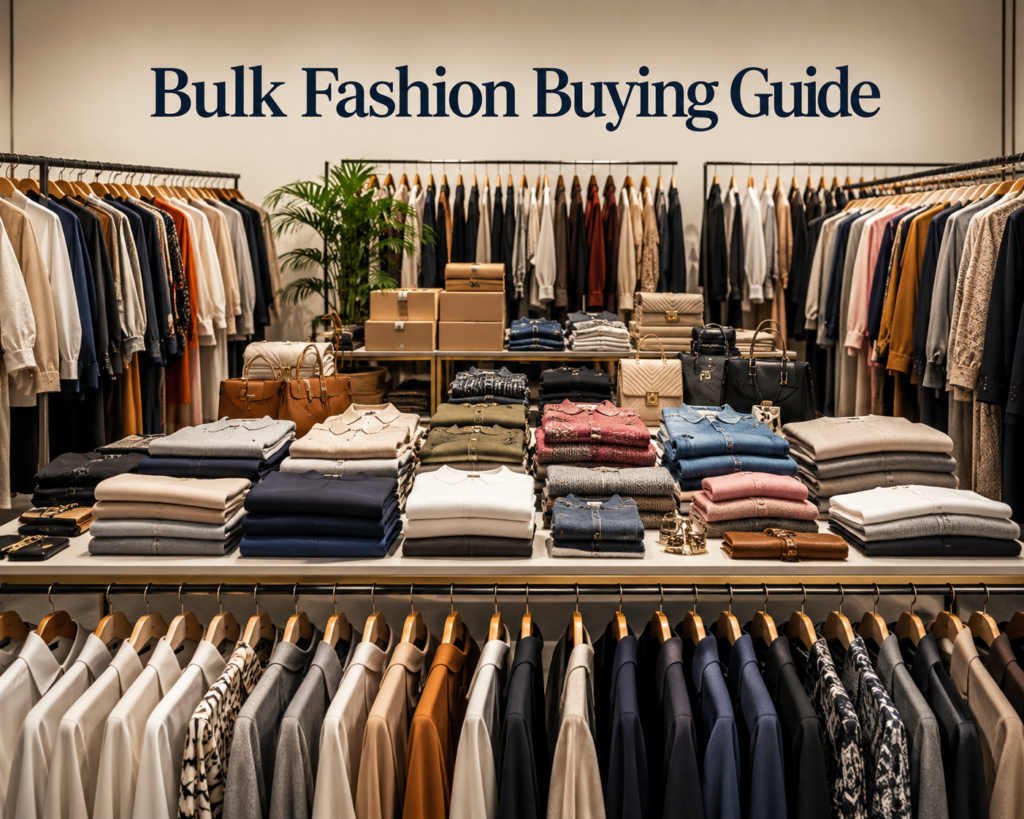 Bulk fashion buying guide featuring a premium wholesale clothing collection with neatly displayed apparel and fashion accessories.