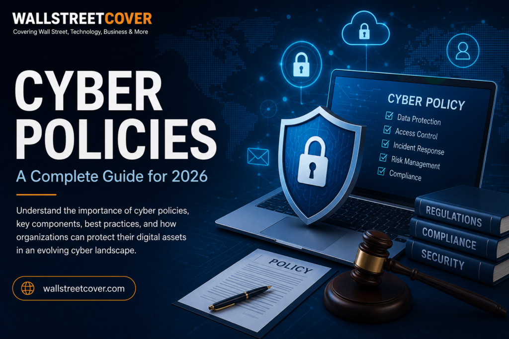 Cyber Policies guide illustrating cybersecurity governance, data protection, compliance, risk management, and digital security for modern businesses.