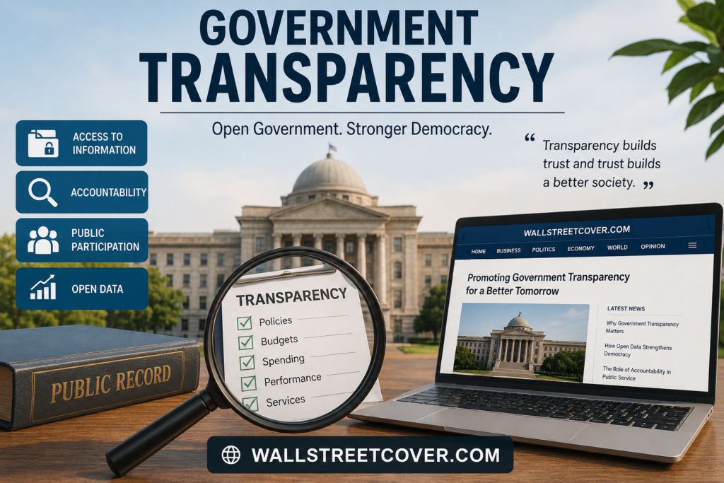 Professional illustration representing government transparency, public accountability, open government data, and citizen access to information with WallStreetCover branding.