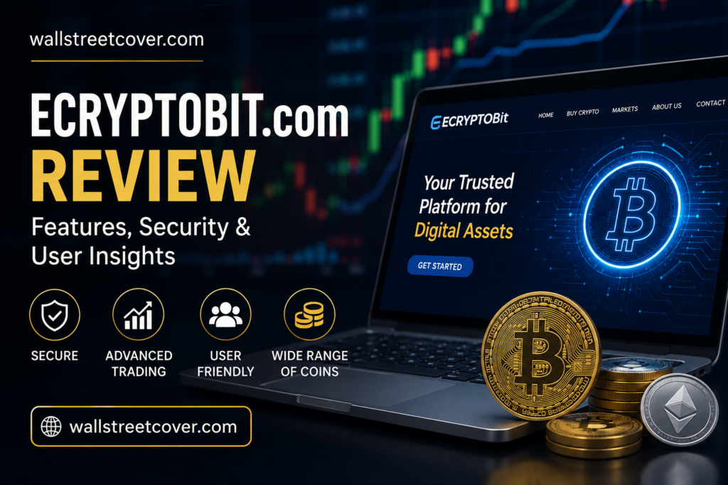 Ecryptobit.com Review showing cryptocurrency platform interface, Bitcoin, Ethereum coins, security features, and WallStreetCover.com branding.