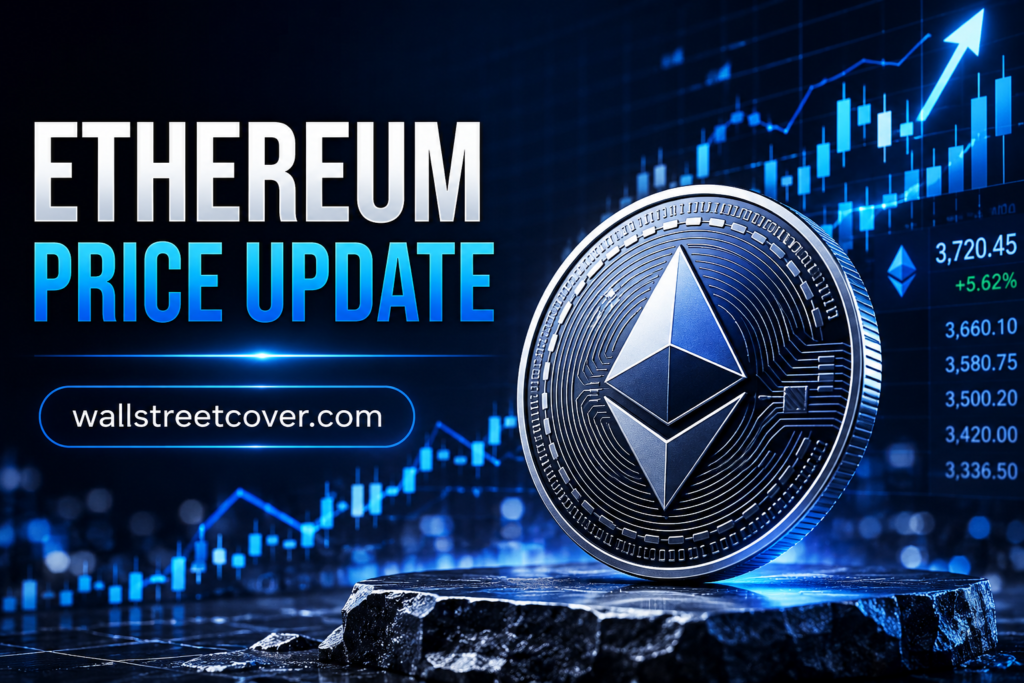 Ethereum Price Update showing ETH logo with bullish cryptocurrency price chart and WallStreetCover.com branding.