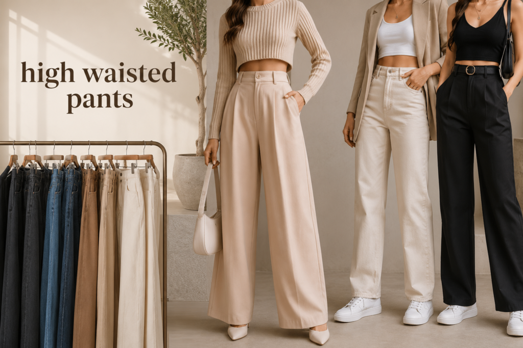 Woman wearing elegant high waisted pants styled with a modern cropped top in a minimalist fashion setting.