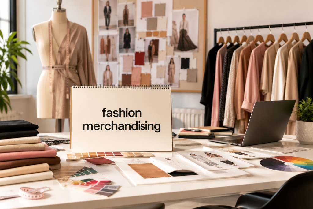 Fashion merchandising featuring modern clothing displays, stylish retail presentation, and organized fashion collections in a luxury boutique.