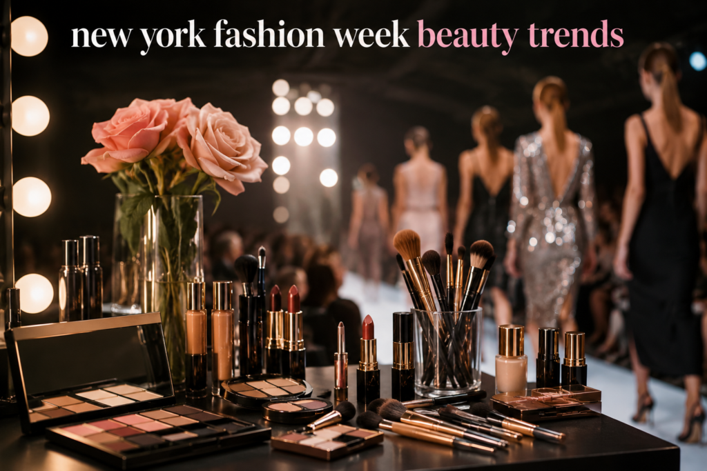 New York Fashion Week beauty trends featuring a professional runway model with glowing skin, elegant makeup, and modern fashion styling.