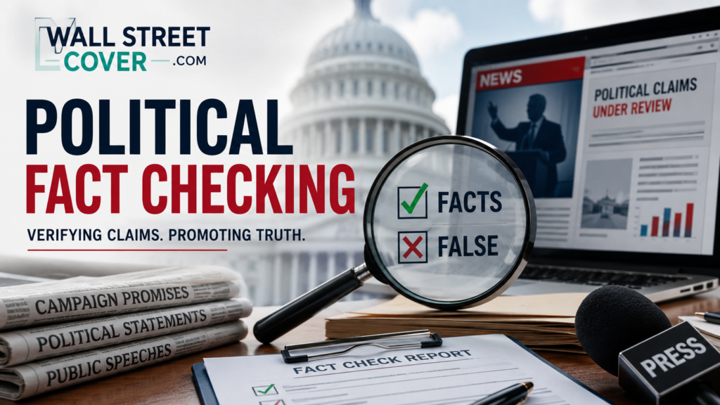 Political Fact Checking concept showing fact verification, political news analysis, official documents, magnifying glass, and investigative journalism with WallStreetCover.com branding.