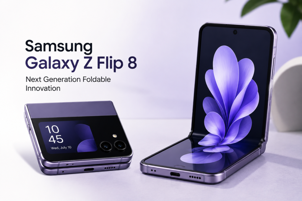 Samsung Galaxy Z Flip 8 foldable smartphone with futuristic design and advanced AI features.