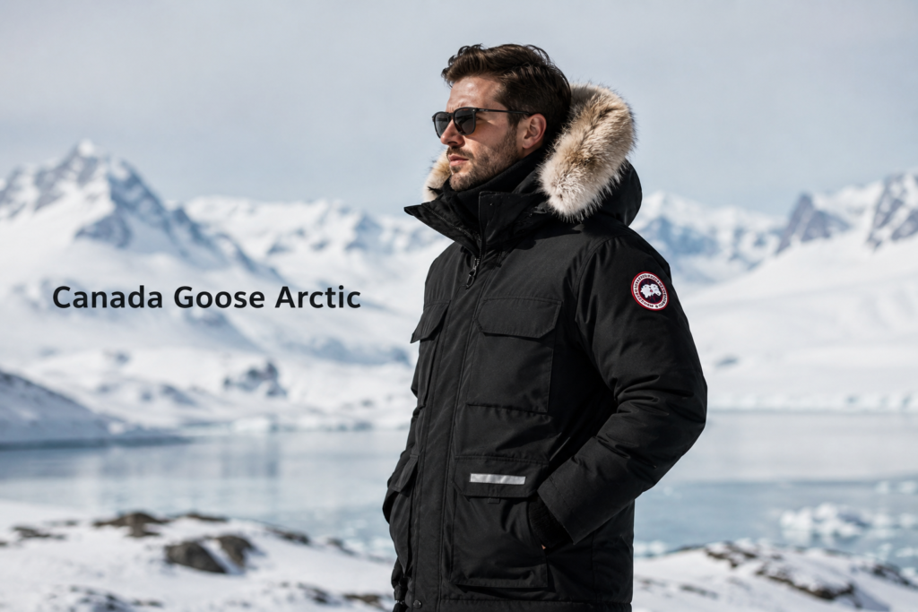 Canada Goose Arctic winter parka in a snowy Arctic landscape