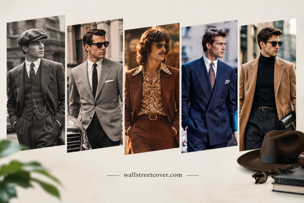 Popular vintage fashion eras featuring classic men's suits and timeless retro styles